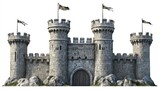 A detailed, isolated image of a stone castle with tall towers and flags against a white background. Ideal for design projects, backdrop or historical themes.