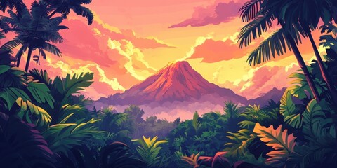 Poster - Tropical Volcano Sunset Landscape Scene