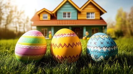 Wall Mural - Three colorful eggs placed in front of a charming house featuring a vivid blue roof, embodying the festive spirit of Easter celebrations.