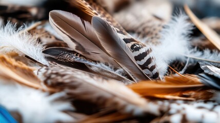 Poster - Close up of a delicate feather resting on a wooden table surface in natural light