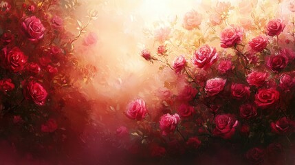 Aufkleber - romantic background of pink and red roses cascading over a soft, textured surface, with subtle golden light flares.