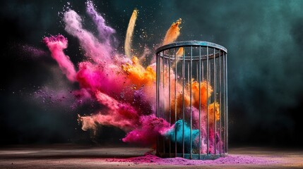 Aufkleber - Colorful powder explosion in a cage creating a vibrant artistic display for photography and design