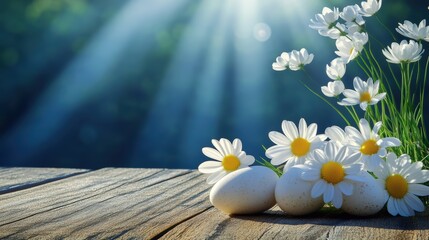 Wall Mural - Three colorful eggs and three delicate daisies are arranged on a rustic wooden table, creating a charming Easter display.