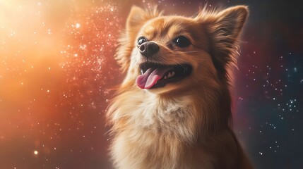 Wall Mural - A playful, fluffy dog sitting with tongue out, against a sparkling cosmic background.