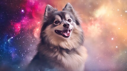 Wall Mural - A playful, fluffy dog sitting with tongue out, against a sparkling cosmic background.