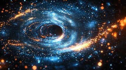 Poster - abstract swirling digital energy vortex with glowing particles