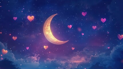 Wall Mural - romantic love-themed background with a starry night sky, a glowing crescent moon, and hearts floatin