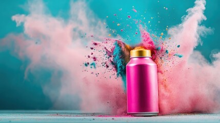 Poster - Pink spray paint can with colorful powder on blue background for creative art projects