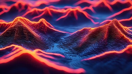 Poster - Abstract Digital Landscape with Glowing Red Peaks