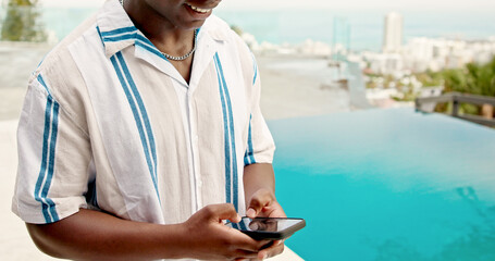 Poster - pool, hands and man with smartphone, typing and summer holiday with internet, texting and tourism. p
