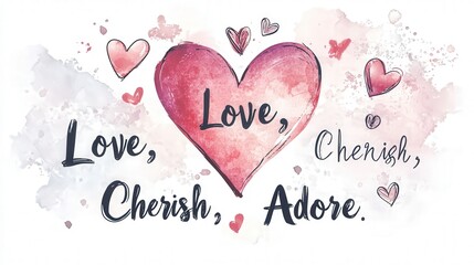 Wall Mural - romantic Valentine Day logo featuring a watercolor-style heart surrounded by handwritten words like 