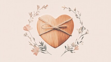 Poster - rustic-style logo featuring a wooden heart tied with twine, surrounded by subtle floral accents