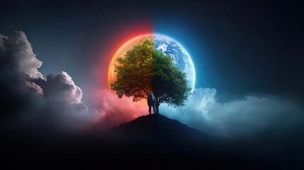 Wall Mural - a tree with a blue and red moon in the sky