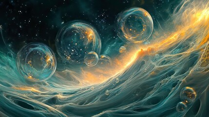 Poster - abstract cosmic waves with floating orbs and interwoven energy streams, resembling an ethereal ocean