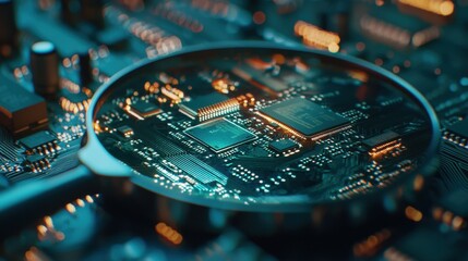 Poster - Magnifying Glass over Circuit Board with Microchip and Lights