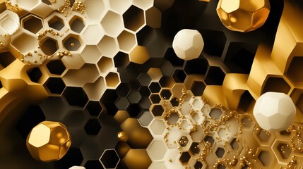 Poster - Abstract digital pattern with hexagonal shapes creating a dynamic, futuristic design and floating geometric spheres.
