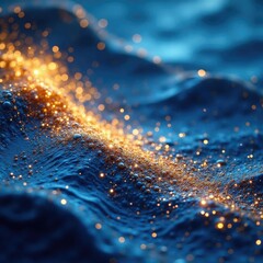 Abstract wave texture created by shimmering gold and blue particles in a fluid surface, texture, shimmering, blue