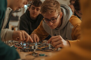  A group of students in the robotics club assemble a small robot, adjusting wires and circuits