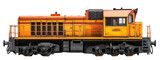 Diesel locomotive in bright orange color, isolated on transparency background, showcasing its industrial design and features. Perfect for transportation and engineering themes