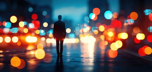 Fototapete - A silhouette of a businessman stands alone on a city street, surrounded by colorful bokeh lights, creating a moody, urban atmosphere at night.