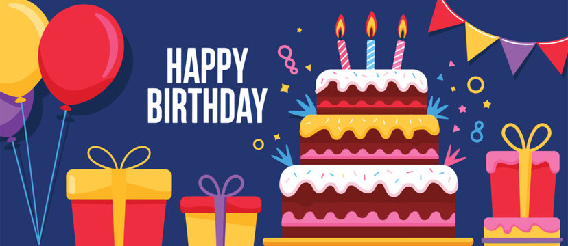 Birthday vector design template. Festive illustration with balloons, confetti, and cake.