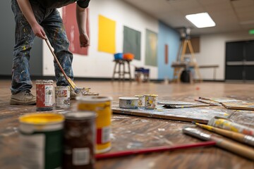 Wall Mural - The drama club paints set pieces for their upcoming play, using bright colors and careful strokes