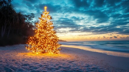 Wall Mural - Christmas tree on a beach at sunset, glowing with warm lights. Perfect for holiday cards, websites, and tropical Christmas themes.