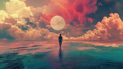 Poster - Surreal Landscape with Figure Walking Under Colorful Clouds and Moon