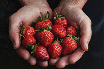 Wall Mural - A hand holding a bunch of red strawberries