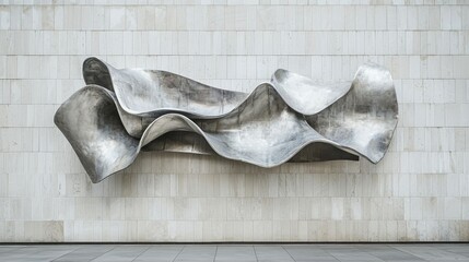 Poster - Abstract metallic sculpture with flowing curves on a wall surface
