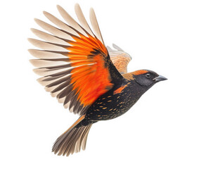 bird with vibrant orange and black feathers is captured mid flight against transparency background, 