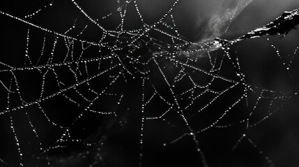 A close-up of a spider web glistening with dew droplets against a dark background.