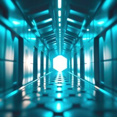Wall Mural - long hallway with a blue light shining on the floor