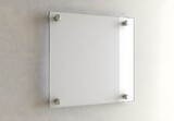 Minimalist glass wall sign with metal fasteners, blank frosted glass display