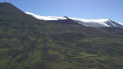 Wall Mural - Aerial drone view of mountain sea and volcanoes in Lanzarote, Canary Islands, Spain