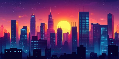 Poster - Vibrant City Skyline at Sunset with Stars