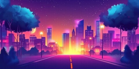 Poster - Vibrant Cityscape at Night with Trees and Road