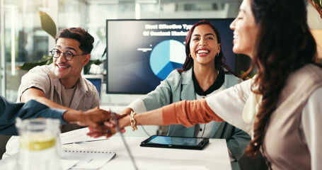 Poster - Collaboration, meeting and success with business people in office together for planning or project management. Documents, hands stack and motivation with employee team in agency workplace for unity