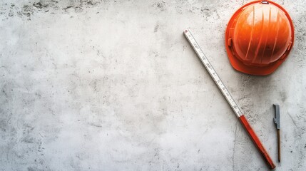 Wall Mural - Construction tools including an orange hard hat, ruler, and pencil on a textured concrete surface