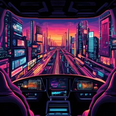 Poster - Futuristic Cityscape Viewed From A Self Driving Vehicle