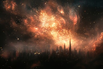 futuristic cityscape illuminated by a fiery cosmic display