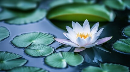 Wall Mural - Tranquil Waterlily: Serene Beauty of Acrylic-Painted Floral Art Floating on Peaceful Pond with Green Leaves - Symbol of Peaceful Serenity