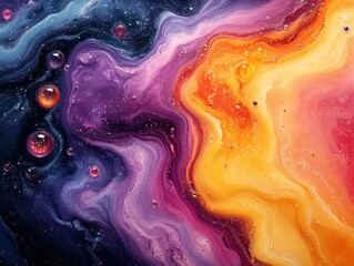 abstract fluid art with vibrant colors and bubble-like spheres creating a dynamic and ethereal effec