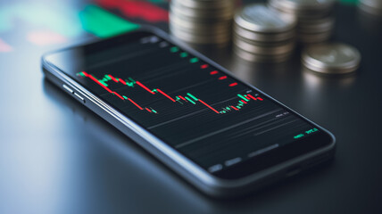 Poster - mobile stock market: a smartphone displays a fluctuating stock market graph, with stacks of coins su