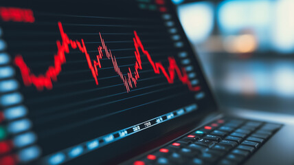 Wall Mural - Market Volatility: A close-up shot of a laptop screen displaying a fluctuating red line chart, symbolizing the unpredictable nature of financial markets and the constant ebb and flow of investments.