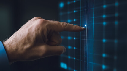Poster - Interactive Data Visualization: A close-up shot of a hand interacting with a futuristic, glowing digital interface, highlighting the seamless integration of technology in modern business. 