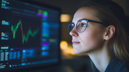 Poster - data driven decisions: a focused woman, wearing glasses, studies a computer screen displaying a data