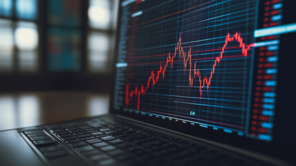 Poster - upward trend: a close-up shot of a laptop screen displaying a vibrant red line graph, symbolizing up