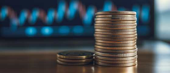 Wall Mural - Financial Growth Concept: A stack of golden coins stands tall against a backdrop of a dynamic financial chart, symbolizing financial success, stability, and wealth accumulation.