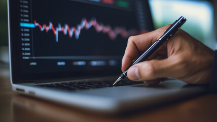 Poster - Analyzing the Market: A close-up shot of a hand holding a pen, analyzing a stock market chart on a laptop screen. The image captures the intensity and focus of financial decision-making.